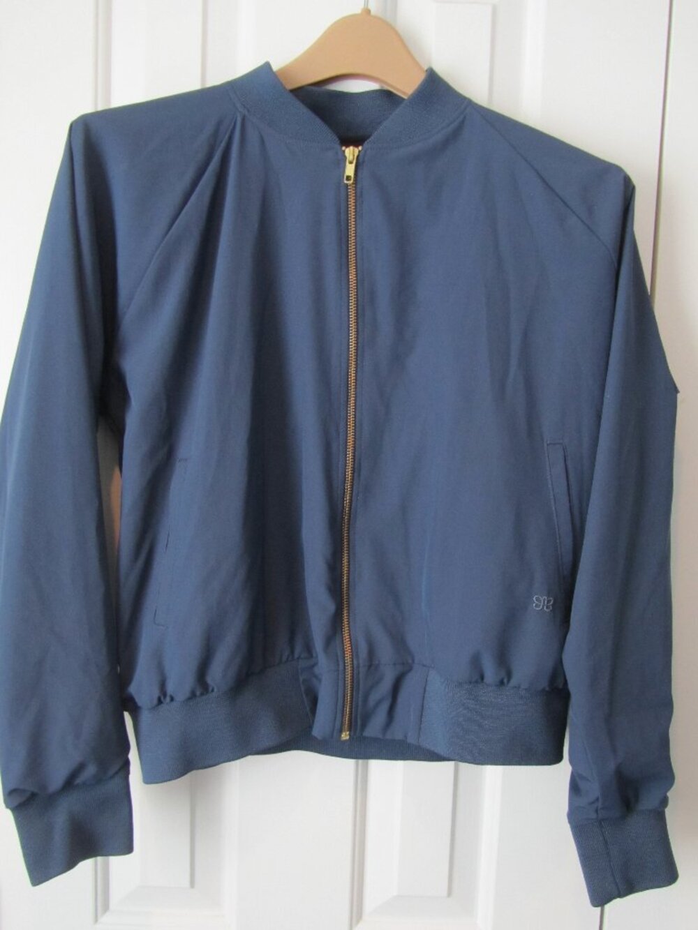 Albion Fit Women's Lined Lightweight Blue Bomber Jacket Large Zippered Sleeve
